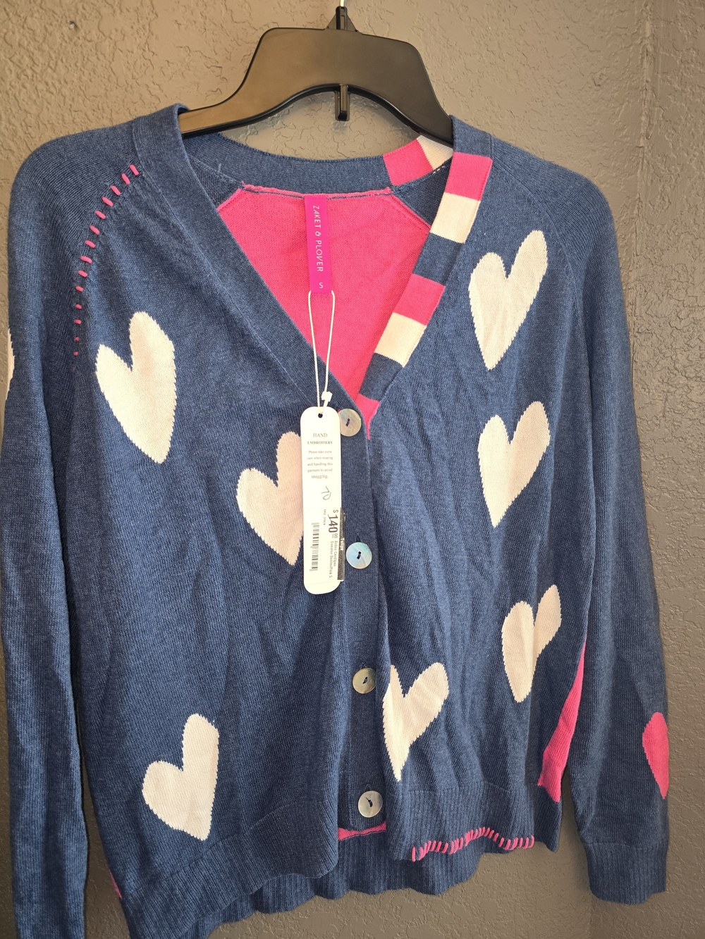 Blue Heart-Print Cardigan with Pink Trim
